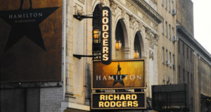 Hamilton broadway show and Richard Rodgers signs showcasedd on theater