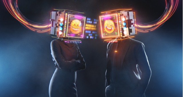 Two people standing with emoji heads that are smiling and laughing