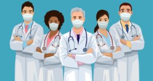 Team of doctors stand together with masks