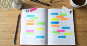 Planner with colorful sticky notes