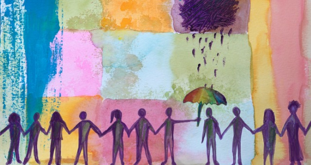 Colorful drawing of silhouettes holding hands with an umbrella for the rain over one person