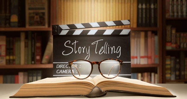 Director's cut says "Storytelling" with book open and glasses in front of it