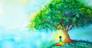 Tree over silhouette outlined in rainbow colors