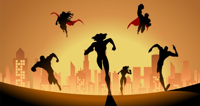 Team of superheroes in the sky and running
