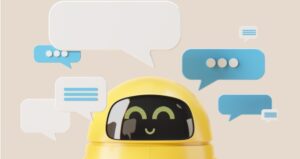 Chatbot peaking up with discussion boxes around it