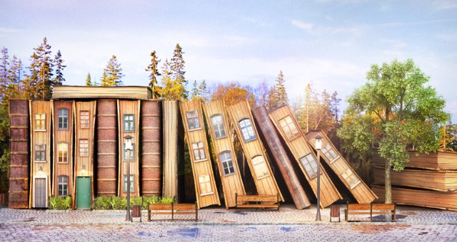 Group of books creates buildings with windows on book cover