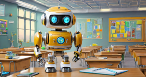 Created with Firefly AI: robot on top of classroom desk