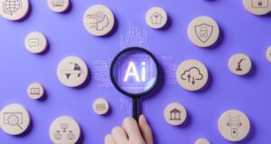 AI highlighted with magnifying glass with other tech icons behind it