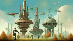 Firefly A sci fi world with space ships and towers with three robots and trees and leaves around them