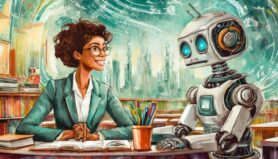 FireFly: Teacher and robot sitting down on desk with sci-fi background
