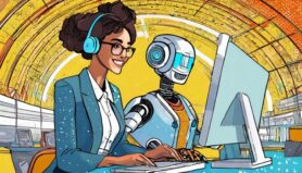 Created with Firefly: Cartoon woman with headphones and robot next to her at a computer