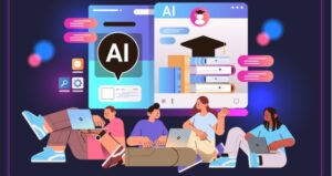 Group of cartoon students with AI icons above them