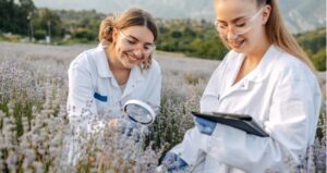 Two college student scientist in lavendar field testing experiment