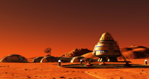 Orange Mars landscape with housing pods