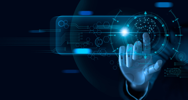 Machine learning. Hand of robot touching on binary data.