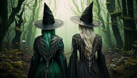 Firefly A captivating scene of two human witches with witch hats and their backs turned—one with her