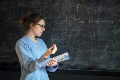 Education, Schoolgirl in Glasses with Textbook in Front of Blackboard, Back To School, Exam Preparations