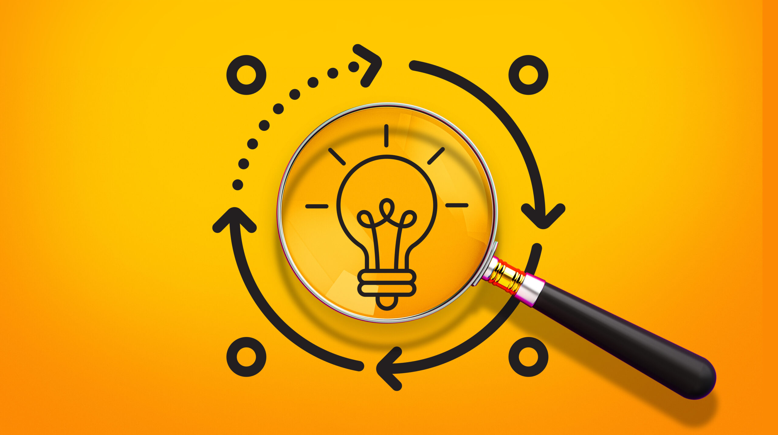 A 3D-rendered concept featuring a growth diagram topped with a magnifying glass containing a lightbulb icon, symbolizing idea generation, research, and analysis. The design highlights the processes of innovation, strategic thinking, and decision-making, making it ideal for business strategy, creative solutions, and focus on growth.