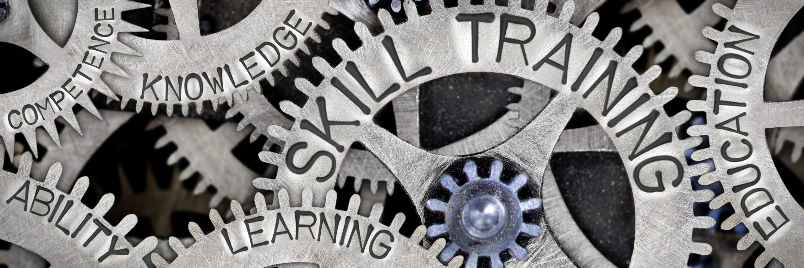 Macro photo of tooth wheel mechanism with SKILL TRAINING, EDUCATION, LEARNING, ABILITY, KNOWLEDGE and COMPETENCE words imprinted on metal surface