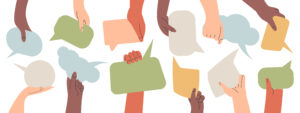 People's hands exchange ideas and holding speech bubble with vote and comment. Team cooperation communicate collaborate. Diversity multicultural group with talk message cartoon illustration