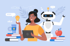 Education with artificial intelligence concept. Modern vector illustration of student using AI technology for studying and learning