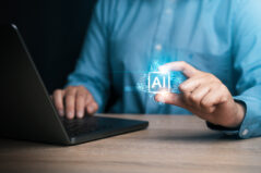 Businessman using AI tools, intelligent robot technology Learning of digital chatbot tools Young man's hand touching artificial intelligence technology Ai. Big data, Innovative, futuristic and global