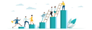business mentor helps improve, holding stairs steps, mentorship, upskills, climb help, self development strategy flat.
