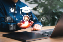 Education, E-learning graduate certificate and business concept, Women showing light bulb with graduation hat in hand Education technology study knowledge, creative thinking idea human development
