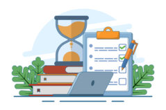 Exam concept, exam paper with timer and hourglass, Exam, Survey, Checklist, Test, Assignment deadline, exam preparation, subject learning course, education concept. flat vector illustration.