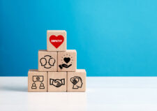 Wooden cubes forming a pyramid with icons representing empathy, understanding, kindness and respect, essential qualities for emotional intelligence