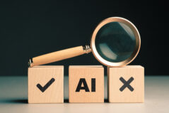 AI transparency concept with a magnifying glass and right, wrong, symbols in the wooden cubes, accuracy information from AI, advantages and disadvantages, right way to use AI