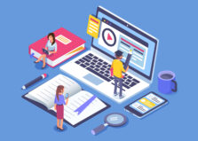 Online education concept banner with characters for review and course design
