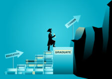 Vector illustration of a student wearing cap and gown, climbing stairs made from books, showing path of education to graduation to career