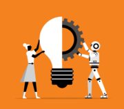 Teacher and artificial intelligence technology, futuristic, AI, Machine future cooperation, technology advance, innovation vector illustrator