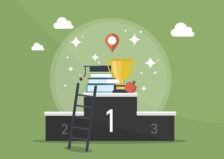 Illustration of gamification in the classroom - podium with books, graduation cap, and a trophy