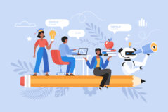 Education artificial intelligence concept. Modern vector illustration of students using AI technology for studying and learning