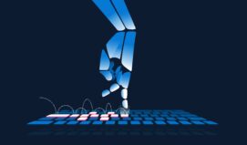 Robotic hand playing hopscotch on a keyboard. Artifical intelligence, text generators, ai and job issues concept. Vector illustration. AI in publishing.