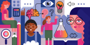 Flat vibrant vector illustration depicting education and learning concept. Illustration is showing different ways of learning: listening, watching, observing, exploring, experimenting, asking questions, talking and communicating, reading, drawing, writing and doing mathematics. The female teacher is placed on the right side and there are also three pupils each one representing different theme; one girl asking question and learning by listening other girl working on mathematical assignment and a boy holding a hand up to answer a question. I also include brain as a main symbol for learning, puzzles for solving a problem and electric bulb for growing new ideas – new knowledge.
