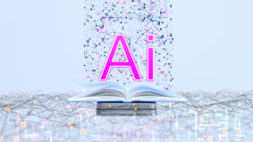 Image of AI and technology floating above open book. Education. AI.
