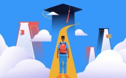 Student on his way to education. Graaduation, university, college concept. Vector illustration. FInal stretch of college course.