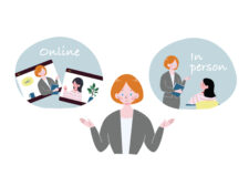 Graphic of female instructor demonstrating online classes and in-person class