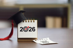 Calendar 2026 with a target icon and graduation cap on a wooden desk, representing education goals, study planning, academic achievement, and education investment for the new year with copy space.