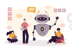 AI tutor robot assisting students. Robotic artificial intelligence brainstorming. Chatbot help service, customers support. Chat bot, help line, faq concept.