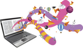 Digital Storytelling. A laptop with colorful graphics and education icons coming from it.