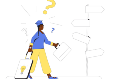 Young woman standing at crossroads. Graduate looking at singpost. Confused person thinking about the right path. Vector illustration in line art style.