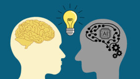 thinking and idea concept with robot and human head, artificial Intelligence (AI) concept.