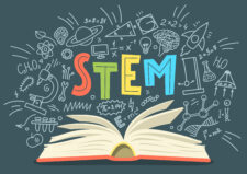 STEM. Science, technology, engineering, mathematics. Stack of books with science education doodles and hand written word "STEM". Storytelling.