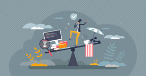 Faculty member trying to balance work. Effective time management tiny person concept. Balance with professional career and job tasks vs leisure and relaxation vector illustration. Flex business hours strategy.