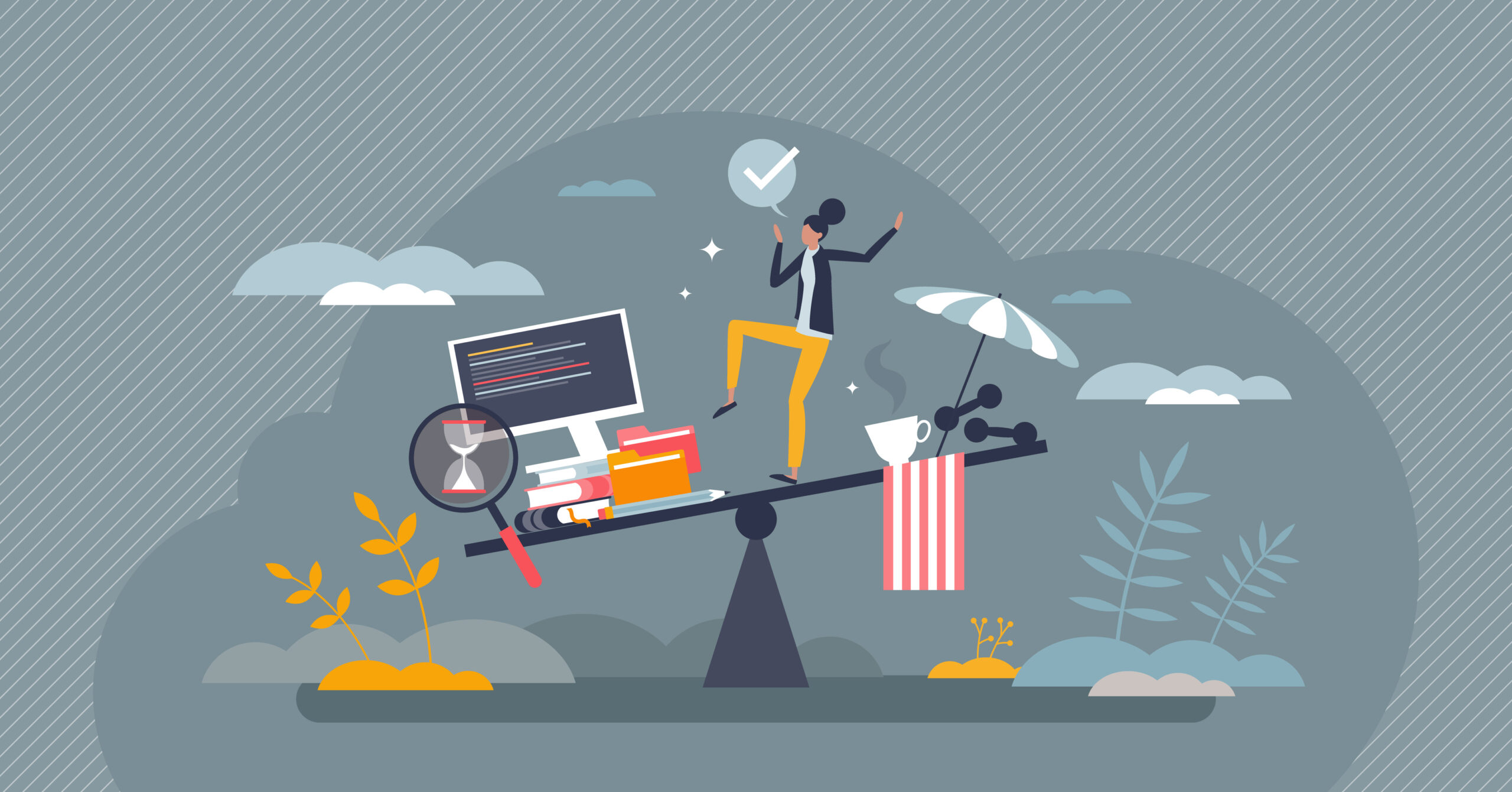 Faculty member trying to balance work. Effective time management tiny person concept. Balance with professional career and job tasks vs leisure and relaxation vector illustration. Flex business hours strategy.