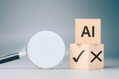AI concept with a magnifying glass and right, wrong, symbols in the wooden cubes, accuracy information from AI, advantages and disadvantages, right way to use AI
